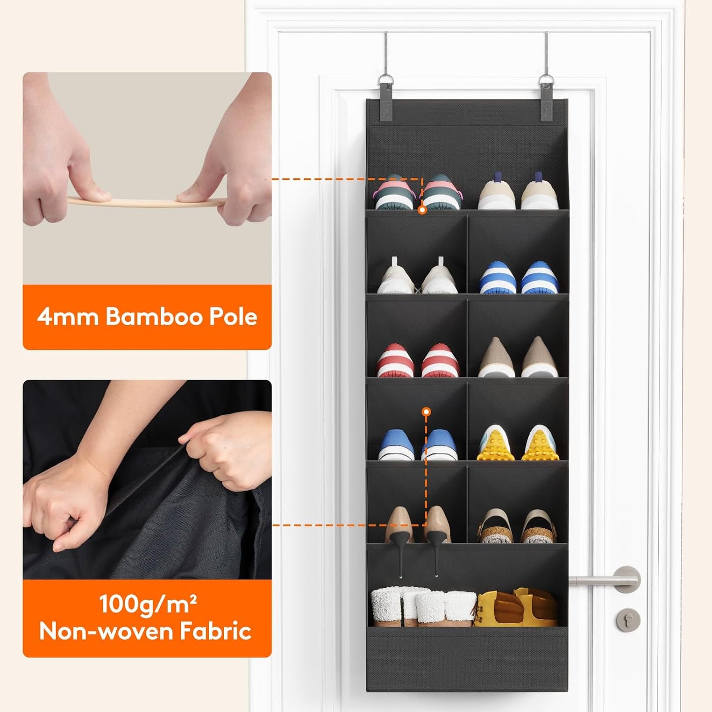 Lifewit 6 Tier Over the Door Shoe Organizer with 11 Large Deep Pockets, Fabric Hanging Shoes Shelf for Closet, Dorm Storage, Fit Up to 12 Pair Shoe Rack Holder for Sneakers, Boots, Gray
