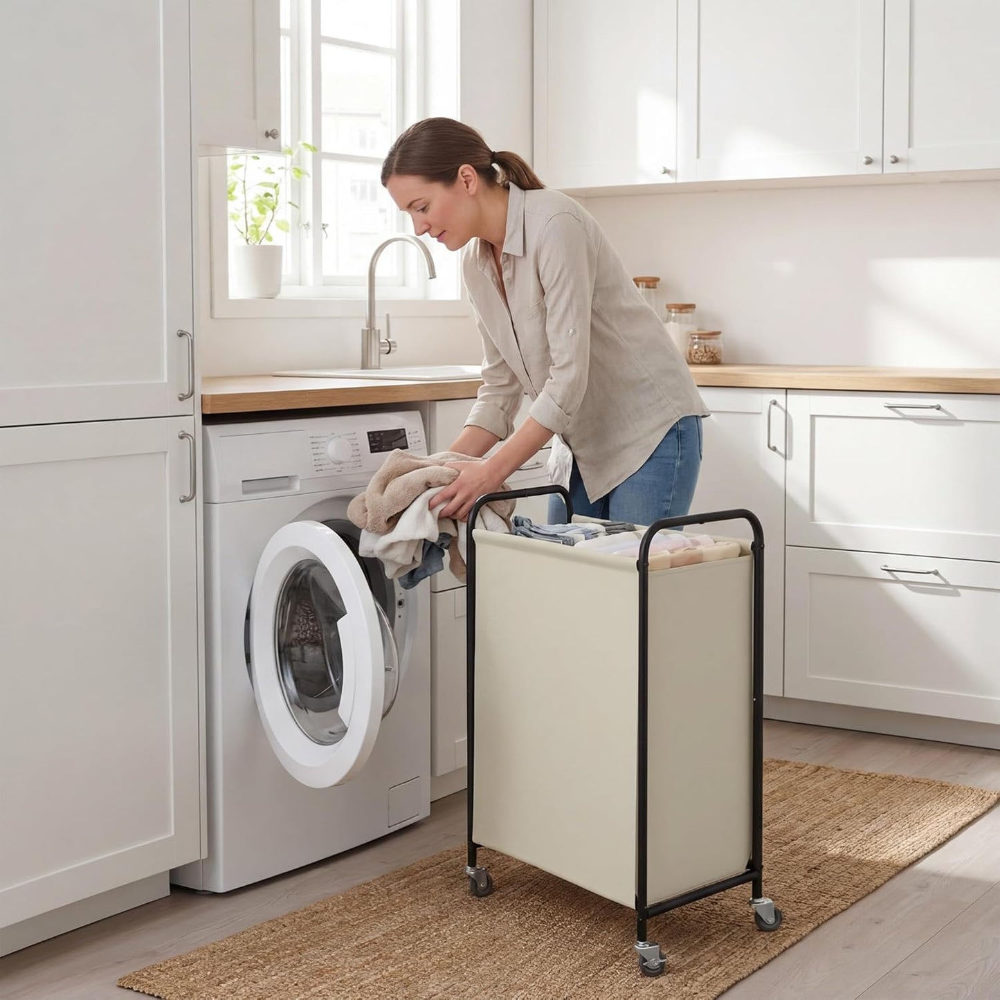 GRANNY SAYS 2 Section 130L Laundry Sorter, Large Laundry Hamper Basket with Wheels and Handles, Durable and Sturdy Rolling Cart for Laundry Room, Hotel, Bedroom, Beige