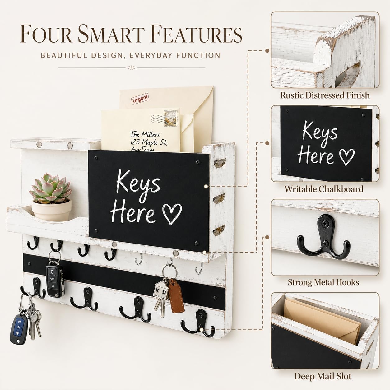 Key Holder for Wall Mount with Shelf and Mail Organizer, Key and Mail Holder with 16 Hooks, Farmhouse Entryway Organizer, Home Decor Rack (Pine Wood, Black)