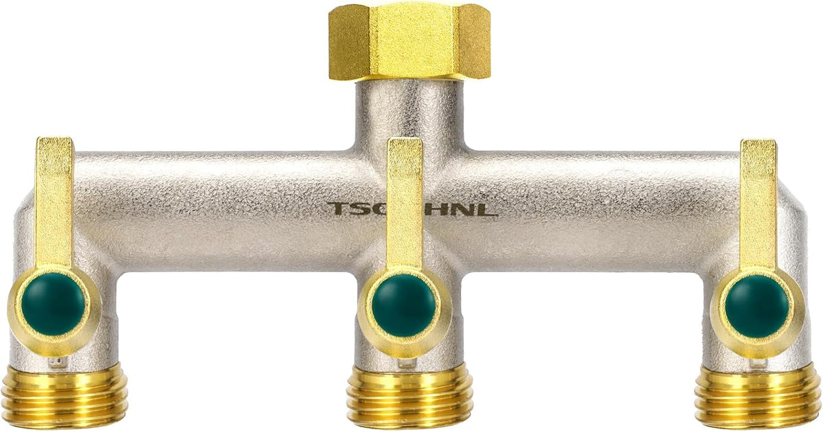 Heavy Duty Brass Garden Hose Splitter, 2-Way Faucet Splitter with 2 Extended Metal Handles, Outdoor Hose Splitter, GHT 3/4-Inch Heavy Duty Hex Female Inlet and 3/4-Inch Male Outlet, Nickel Plated