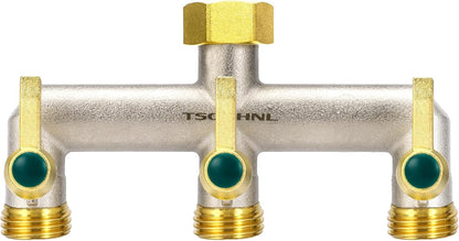 Heavy Duty Brass Garden Hose Splitter, 2-Way Faucet Splitter with 2 Extended Metal Handles, Outdoor Hose Splitter, GHT 3/4-Inch Heavy Duty Hex Female Inlet and 3/4-Inch Male Outlet, Nickel Plated