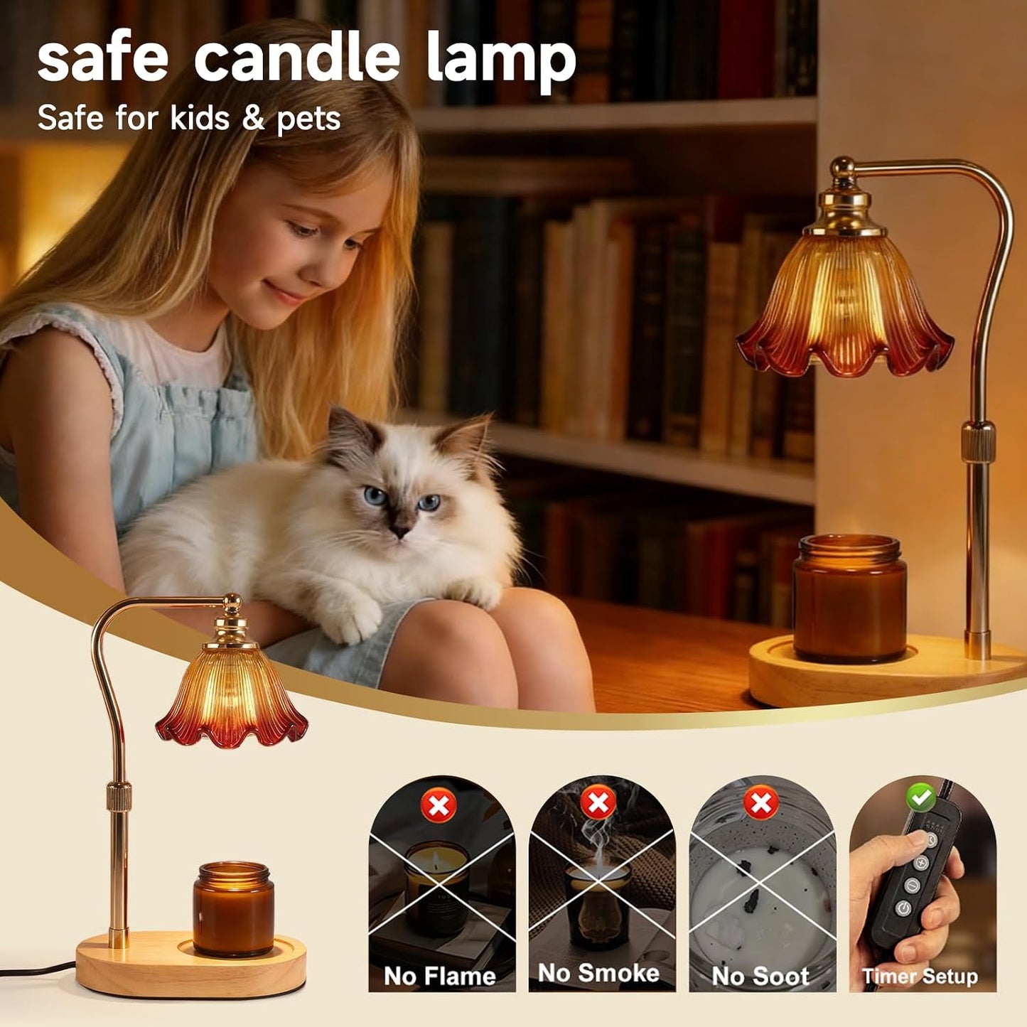 Candle Warmer Lamp with Timer, Dimmer, Vintage Glass Shade | Adjustable height, 2/4/8-hour timer, wood base, 2 bulbs included
