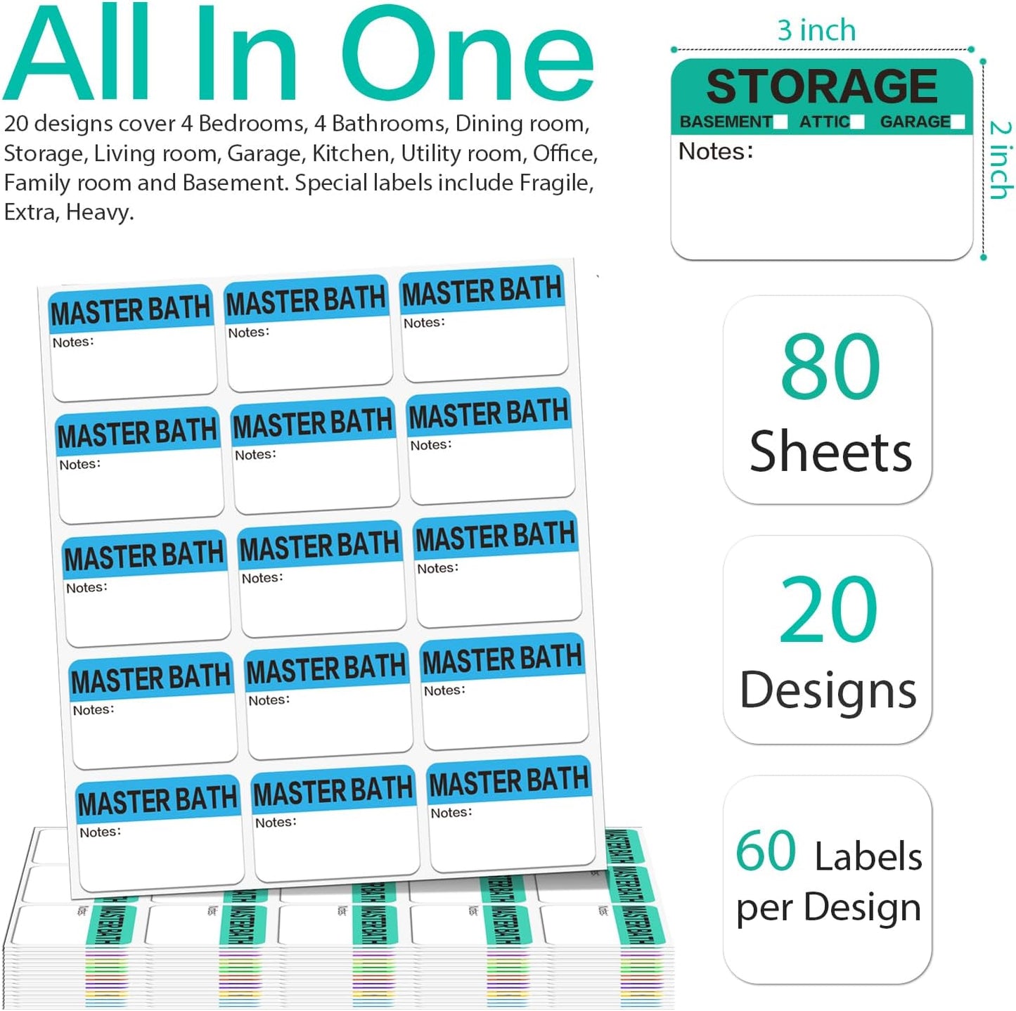 600 Count 3 x 2 Large Home Moving Packing Box Labels for 3-4 Bedroom House with Writable Notes Areas, 17 Color Coded Moving Labels for Boxes + Fragile Moving Stickers + Heavy and Blank Labels