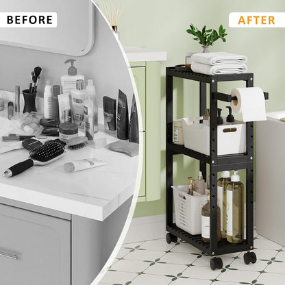 RRX Toilet Paper Holder with 3 Tier,16.14''Dx7.08''Wx28.35''H (Beige) | Small Bathroom Rolling Bamboo Mobile Storage Corner Shelf Cabinet for Narrow Spaces, Freestanding Slim Kitchen Organizer