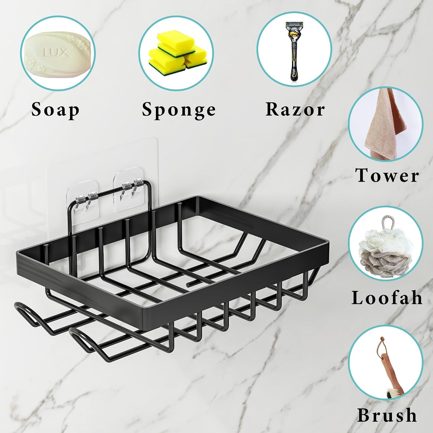 Vowupt Soap Bar Holder for Shower with 8 Hooks, Set of 2 Bar Soap Dish for Bathroom, Self Draining Shower Soaps Holder, Adhesive Soaps Saver Soap Tray Stand for Bathroom Accessories(Black)