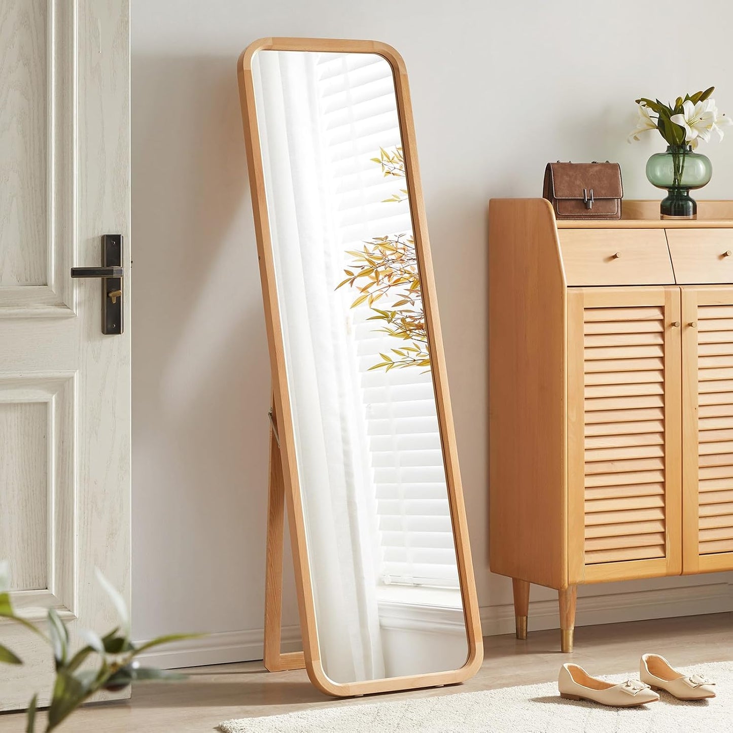 Anwick Full Length Floor Mirror Wood Frame Standing Mirror Walnut 63 in | Solid Wood Frame, Clear Float Glass, Adjustable Stand or Wall Mount, Rounded Walnut Finish for Bedroom or Dressing Room