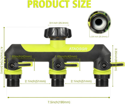 ATAOSGRGarden Hose Splitter 3 Way, 3/4" Outdoor Faucet Splitter, Tap Connector with On/Off Valves and Extended Handle, Tap Adapter Garden Hose Connector for Garden Outdoor Home - Greens