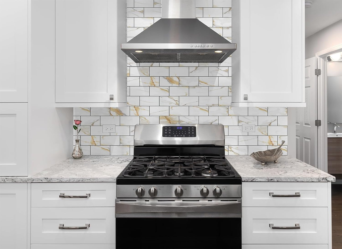 StyloVue 100 Pieces Peel and Stick Backsplash for Kitchen, 3" x 6" PVC Subway Tile, Glossy White with Dark Gray Grout, Self Adhesive Stick on Wall Tiles for Kitchen, Bathroom, Fireplace, RV