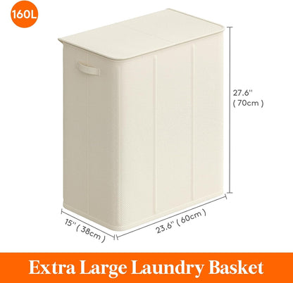 Lifewit Double Laundry Hamper with Lid and Removable Laundry Bags, Large Collapsible 2 Dividers Dirty Clothes Basket with Handles for Bedroom Laundry Room Closet Bathroom College, 136L Beige