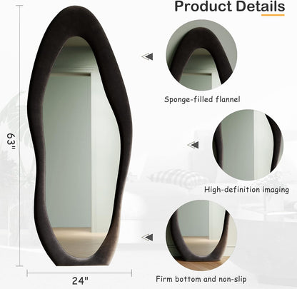 Honyee Full Length Mirror, 63" x 24" Wall Mirror, Flannel Wrapped Wooden Frame Floor Mirror, Irregular Wavy Mirror Hanging or Leaning Against Wall for Cloakroom/Bedroom/Living Room, Milk Tea