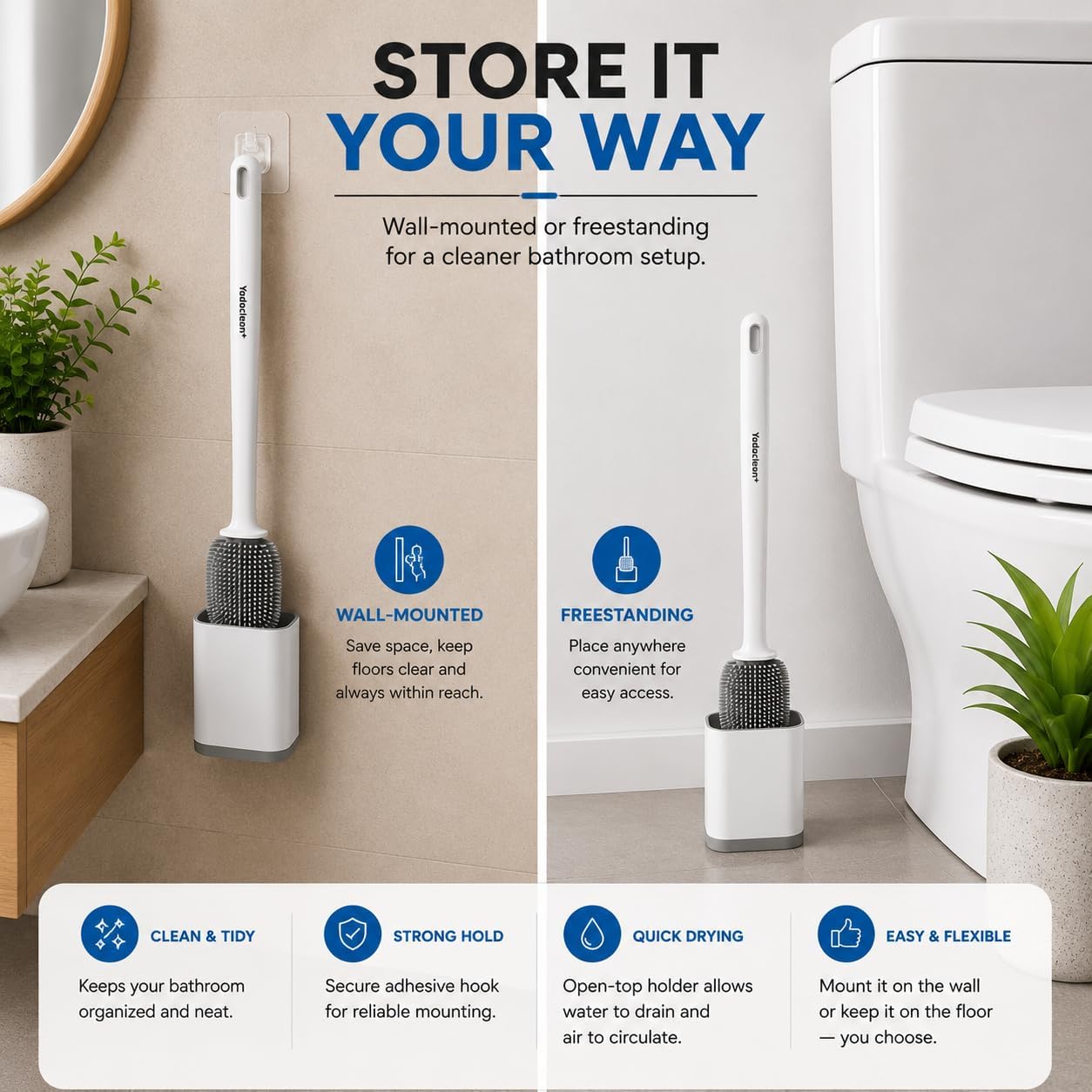 Silicone Toilet Brush and Holder Set with 3 Cleaning Tablets, Quick-Dry Base, Flexible Non-Scratch Bristles, Odor-Free Bathroom Toilet Bowl Cleaner Brush, Compact Space-Saving Design