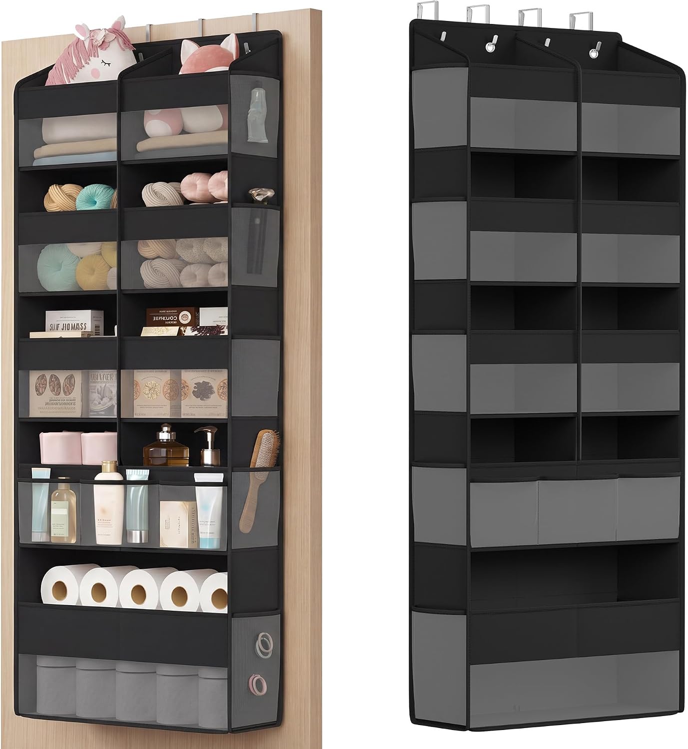 SONGMICS Over-the-Door Organizer, 9-Compartment Door Hanging Storage Shelf, Foldable Closet Hanging Organizer, Heavy-Duty, Metal Hooks, Transparent, Dove Gray URDH009GD01