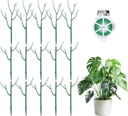 10-Pack Stackable Plant Stakes for Monstera, Pothos & Climbing Plants | 14.57-Inch Tall Branch-Style Plant Support - Reusable Plastic Stake Helps Plants Grow Upright Indoors & Outdoors
