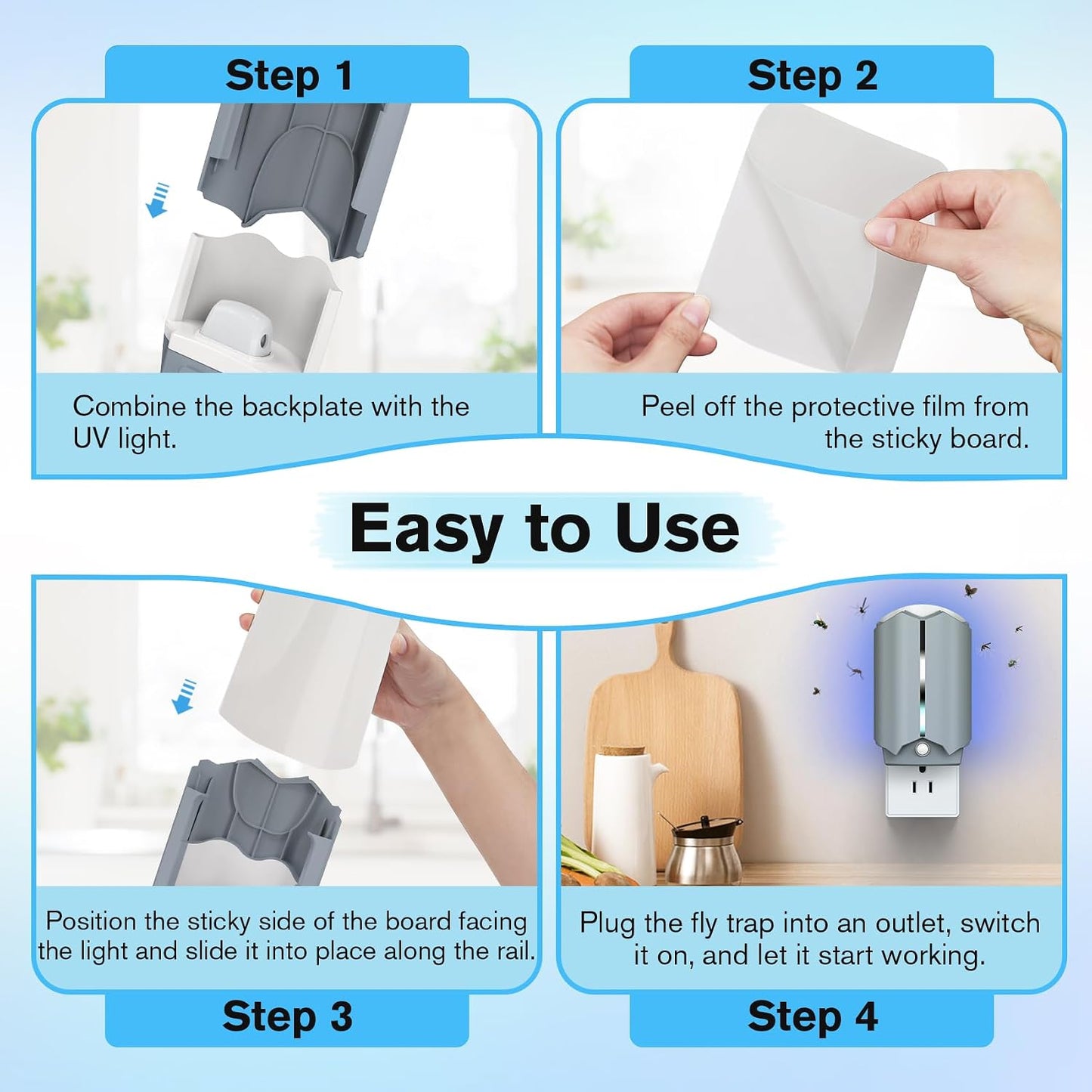 Indoor Fly Trap with UV Light, 2 Plug-in Flying Insect Traps and 6 Sticky Refills, Safe & Quiet Bug Catcher for Fruit Flies, Gnats, Mosquitoes, Moths & Small Insects