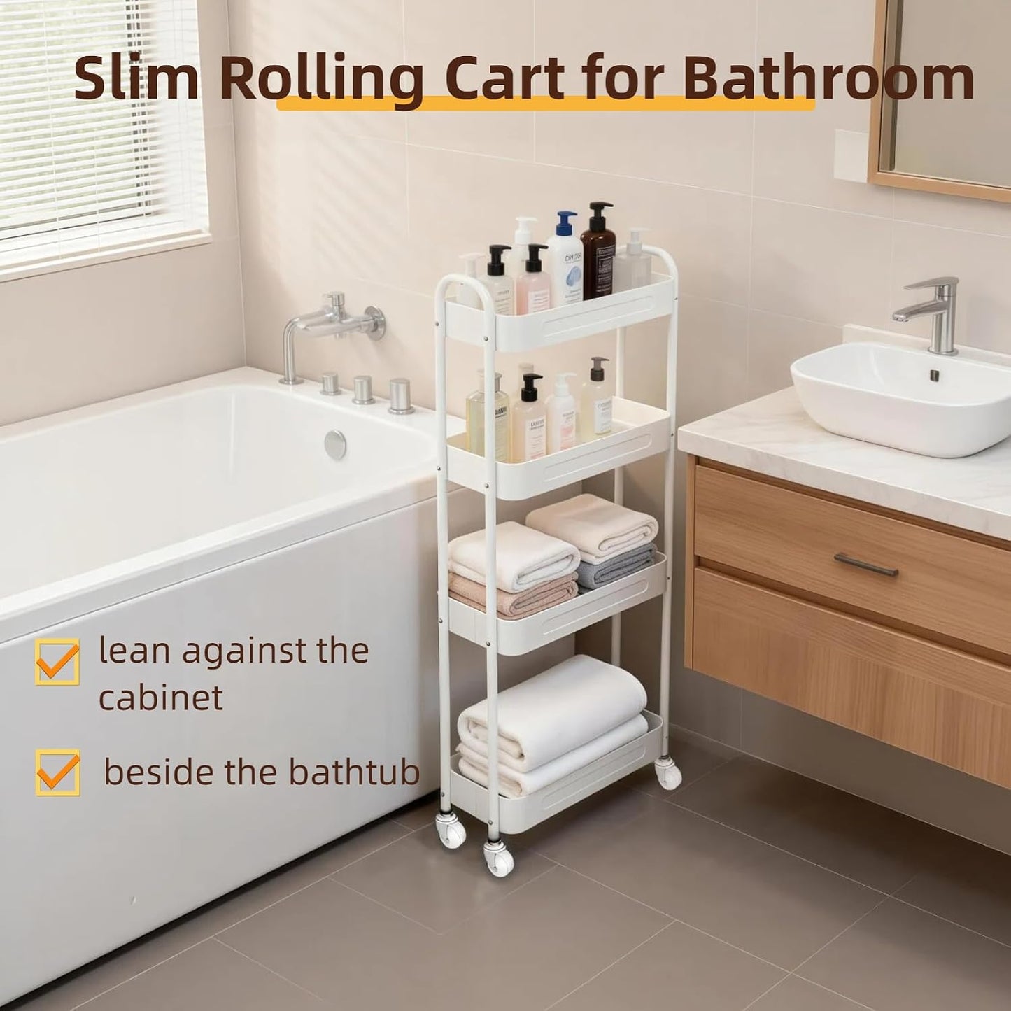 3 Tier Slim Metal Rolling Storage Cart for Laundry Room & Kitchen Organizer, 7.1'' Thin Standing Shelf for Narrow Spaces, Utility Cart with Wheels & Lockable Casters for Bathroom, Black