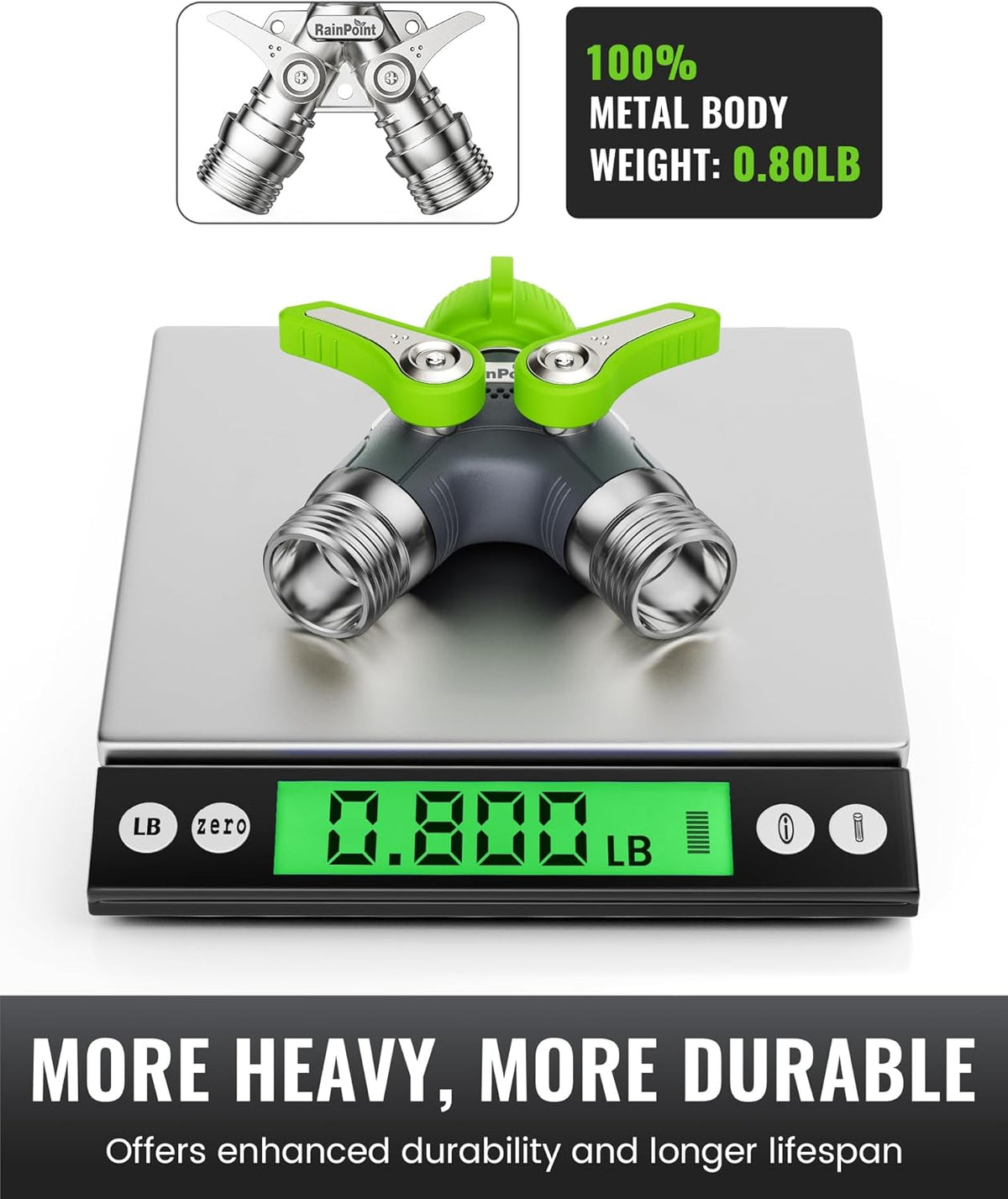 RAINPOINT 2 Way Garden Hose Splitter | Heavy Duty Water Spigot Splitter with Shutoff Valves, 100% Metal Body, 1.9" Extra Long Metal Handle, 3/4" GHT Thread