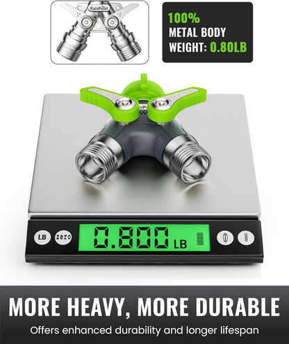 RAINPOINT 2 Way Garden Hose Splitter | Heavy Duty Water Spigot Splitter with Shutoff Valves, 100% Metal Body, 1.9" Extra Long Metal Handle, 3/4" GHT Thread