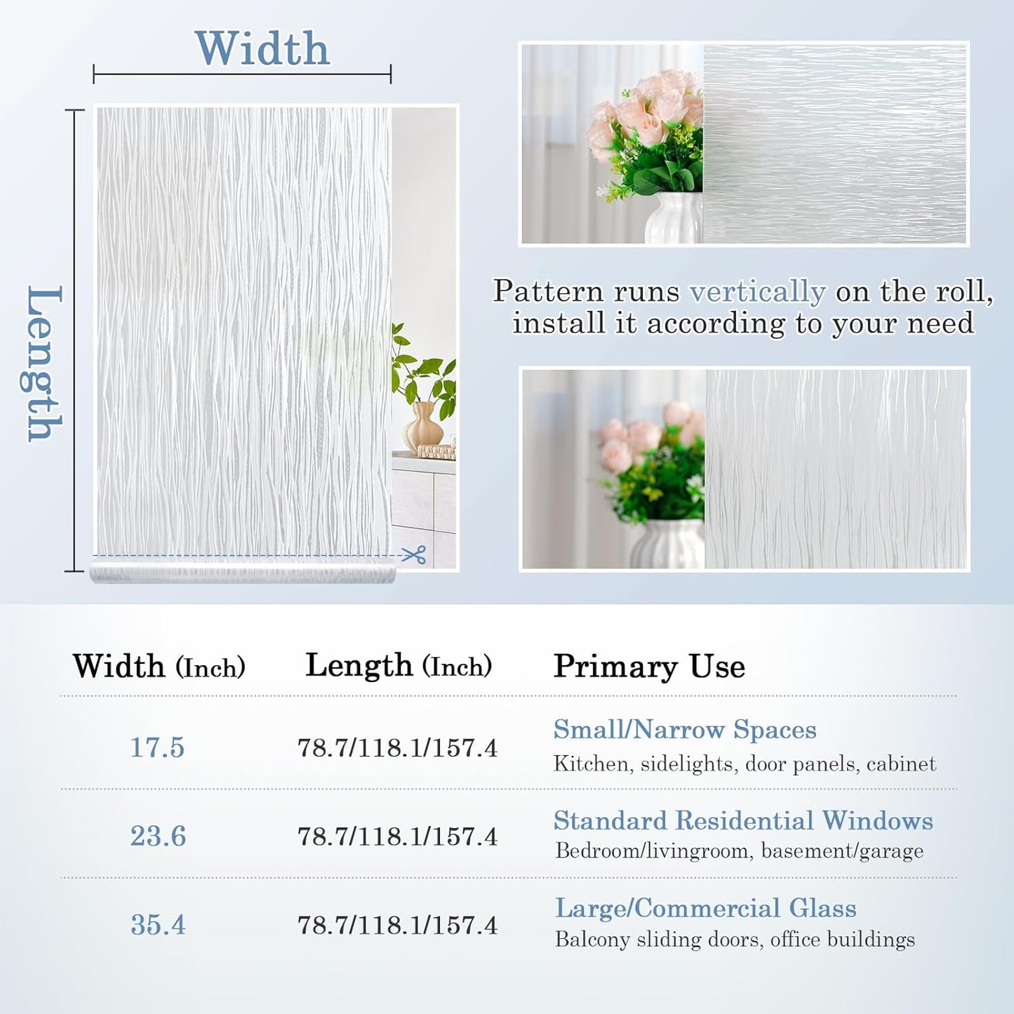 LUTE Window Privacy Film, Frosted Glass Window Film for Bathroom, Static Cling Removable Heat Control Glass Coverings, Non Adhesive Opaque Door Sticker for Home Office (Pure, 17.5" x 78.7")