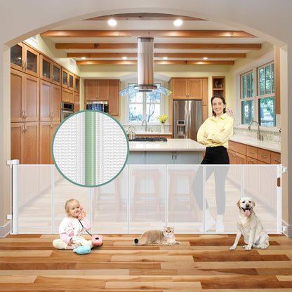 Reinforced 55" Wide Retractable Baby Gates with Reinforced Strips, Indoor/Outdoor Retractable Dog Gate for Doorway Prevent Bottom Drilling Through, No Bottom Bar Safety Mesh Baby Gate for Stair, Black