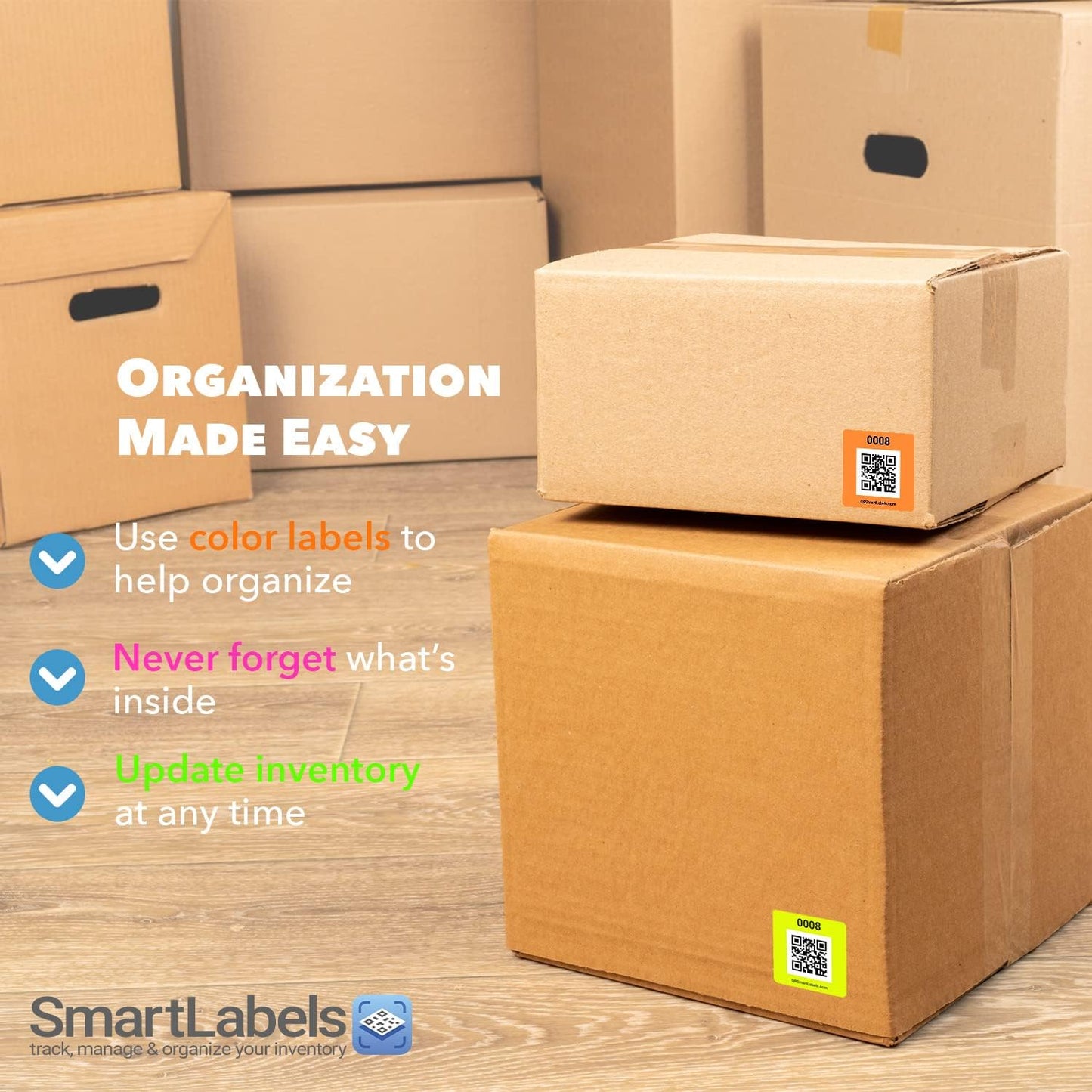 Smart Labels QR Code Stickers with AI Photo Analysis App - Auto-Creates Item Descriptions - No Typing - Made in USA - QR Code Labels for Storage & Inventory Tracking, Organization & Moving, Pack of 48
