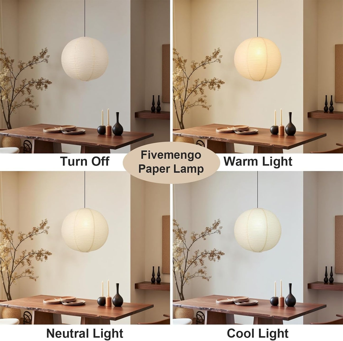 Large Rice Paper Pendant Light Kit, 20in White Globe Paper Lantern Lights, E26 Base, Japanese Hanging Lantern Lamp Japandi Chandelier for Dining Room Bedroom Office Living Room