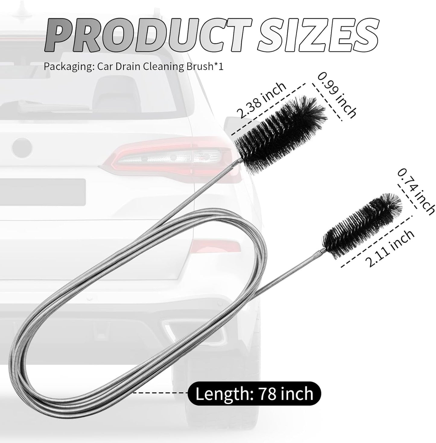 78" Long Flexible Car Drain Cleaning Brush,Stainless Steel/Nylon Pipe Cleaner Brush with Double Head,Slim Car Drain Brushes Pipe Cleaning Tool as Auto Sunroof Drains Cleaner