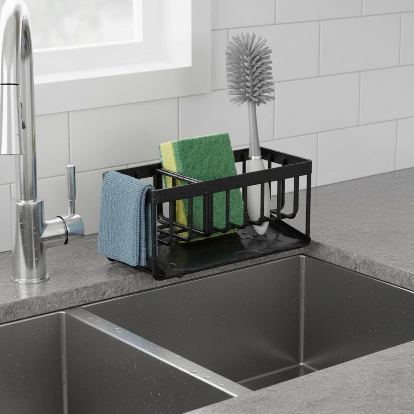 Kitchen Sink Sponge Holder, 304 Stainless Steel Soap Dispenser Caddy Organize, Kitchen Sink Brush Caddy Holder with Removable Drain Tray