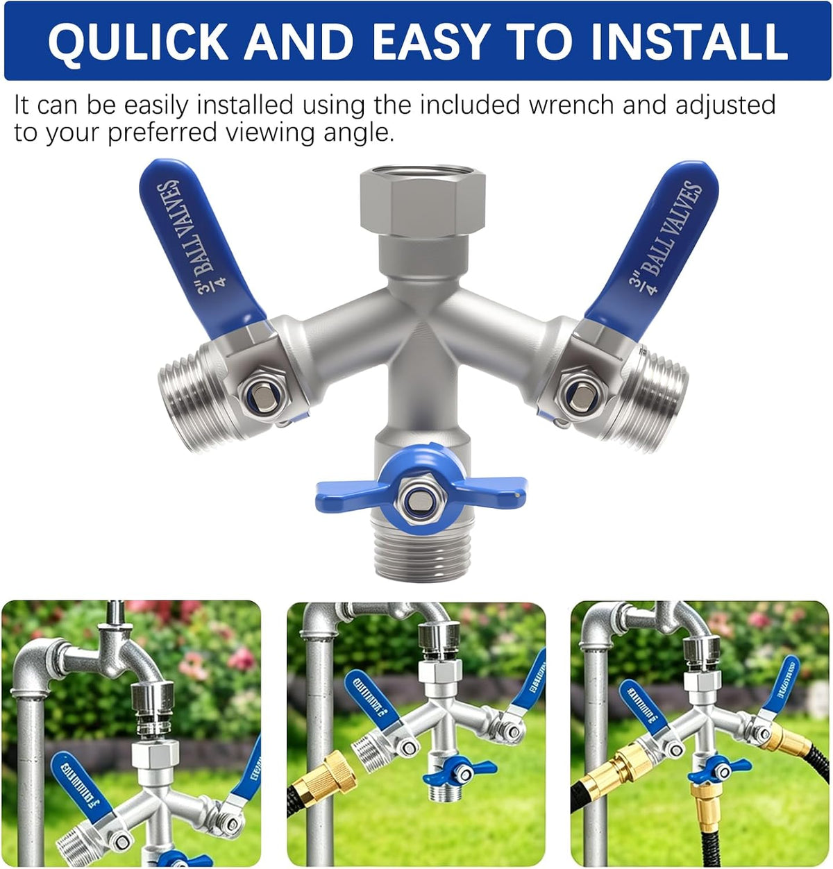 Hose Splitter 2 Way Heavy Duty, Full Flow Garden Hose Splitter with Large Easy-Turn Handle, 3/4 Inch GHT Brass Water Hose Splitter for Outdoor Faucet, Y Valve Hose Bib Splitter