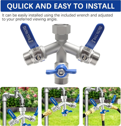 Hose Splitter 2 Way Heavy Duty, Full Flow Garden Hose Splitter with Large Easy-Turn Handle, 3/4 Inch GHT Brass Water Hose Splitter for Outdoor Faucet, Y Valve Hose Bib Splitter