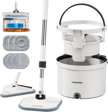 HoMettler Mop and Bucket Set, Spin Mop and Detachable Inner Mop Bucket with Separate Dirty/Clean Water System, Self-Wringing Square Mops for Floor/Wall Cleaning with 6 Microfiber Pads