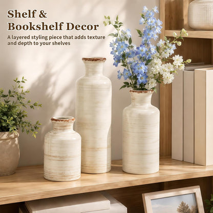 TBWIND Ceramic Vases Set of 3, Neutral Pottery Rustic Farmhouse Flower Vase | Small Decorative Flower Vases Modern Home Decor for Table Mantel Entryway Bookshelf Living Room Kitchen Bedroom