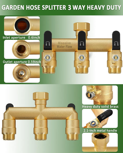 3 Way Hose Splitter, Heavy Duty Full Flow Garden Water Hose Bib Spigot Splitter, Brass Rust and Freeze Resistant Outdoor Faucet Splitter, T Adapter Connector with 3/4 - Inch GHT Thread （Green）