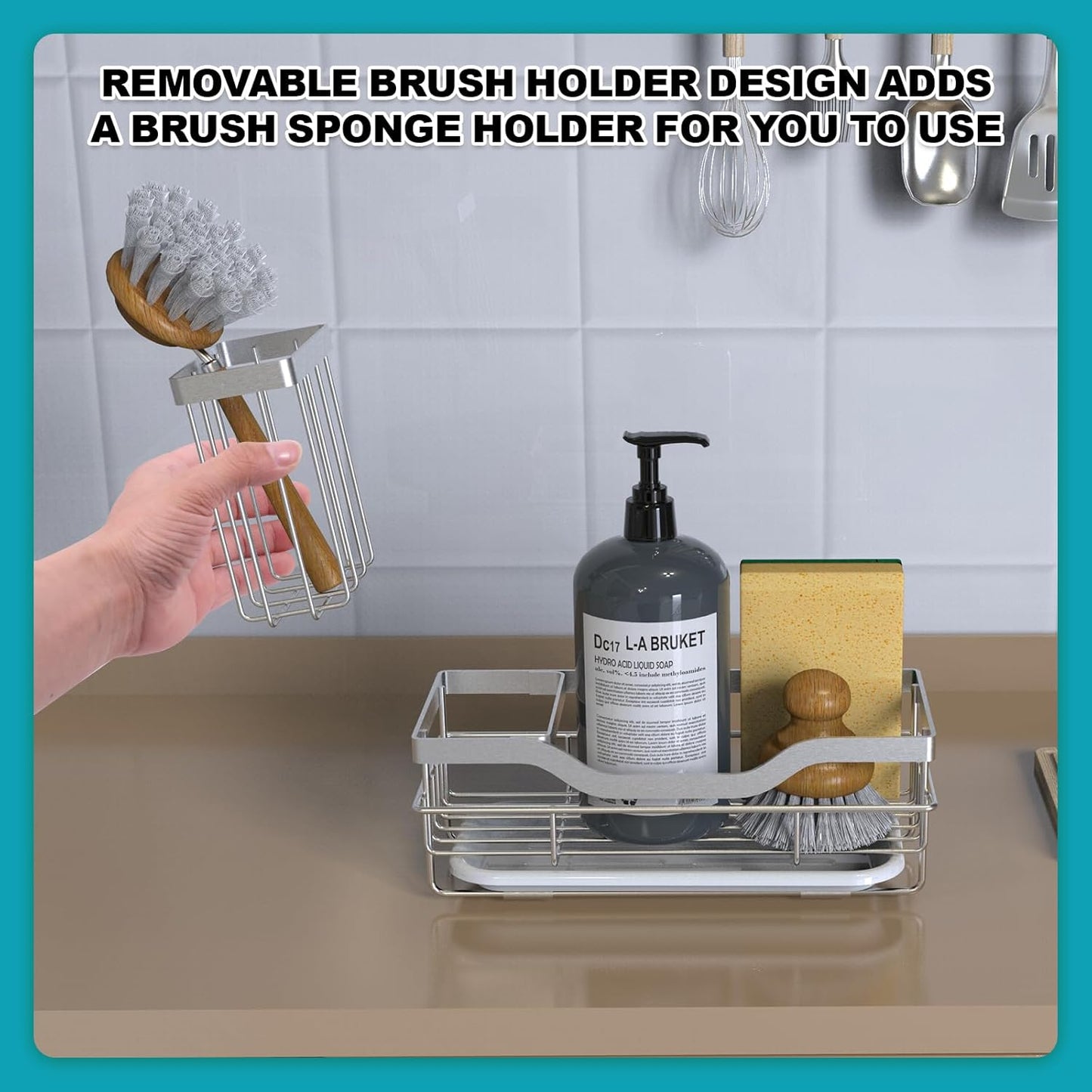Sponge Holder for Kitchen Caddy Sink Organizer, Multifunctional Rustproof Dish Soap Sponge Caddy for Sink Counter with Detachable Brush Holder & Drain Tray - Storage Kitchen & Home Accessories