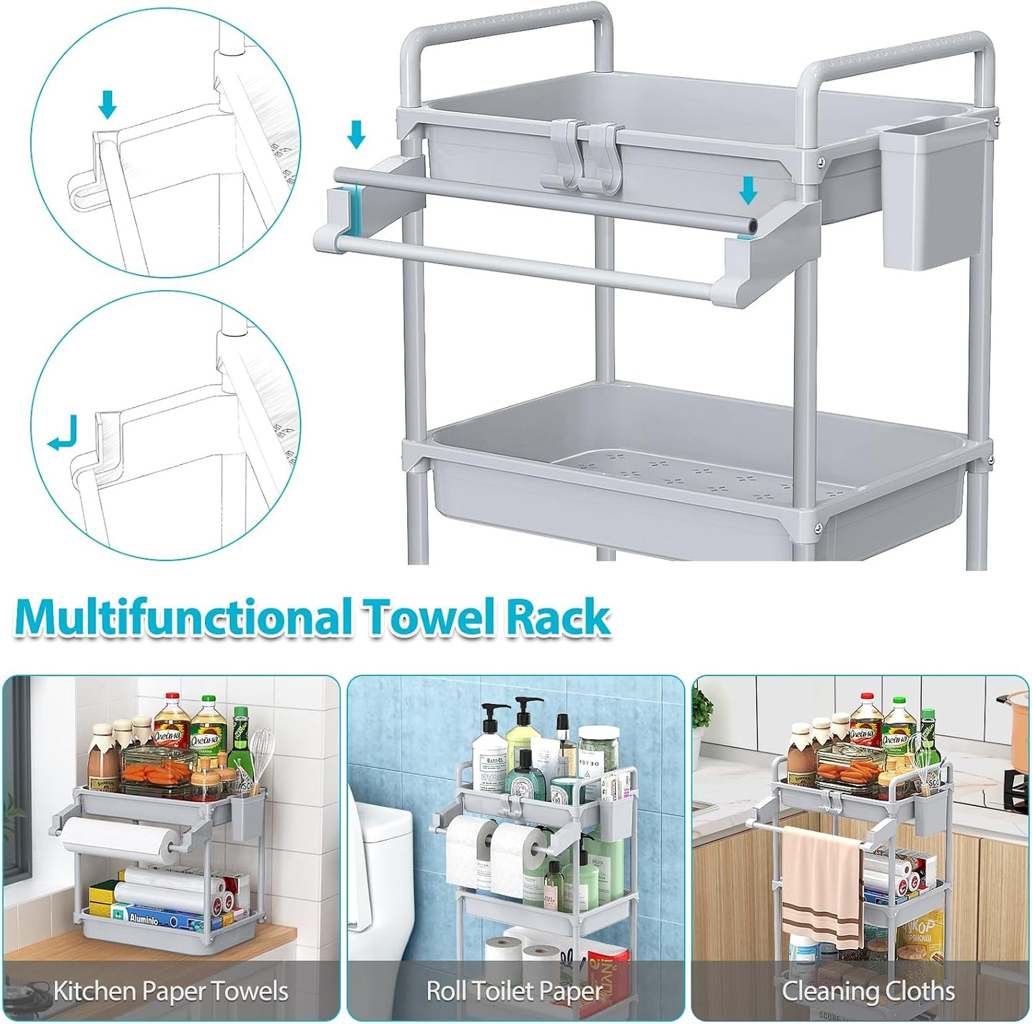 SPACEKEEPER Rolling Storage Cart, 4-Tier Bathroom Organizer Utility Cart Laundry Room Organization Mobile Shelving Unit with Towel Rack, Lockable Wheel, Hooks & Cup for Kitchen Bedroom Office, White
