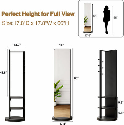 Full Length Mirror with Coat Rack & Storage, 360° Rotating Solid Wood Standing Floor Mirror with Shelves for Bedroom, Entryway, Dressing Room (Natural Wood, 66" x 18")