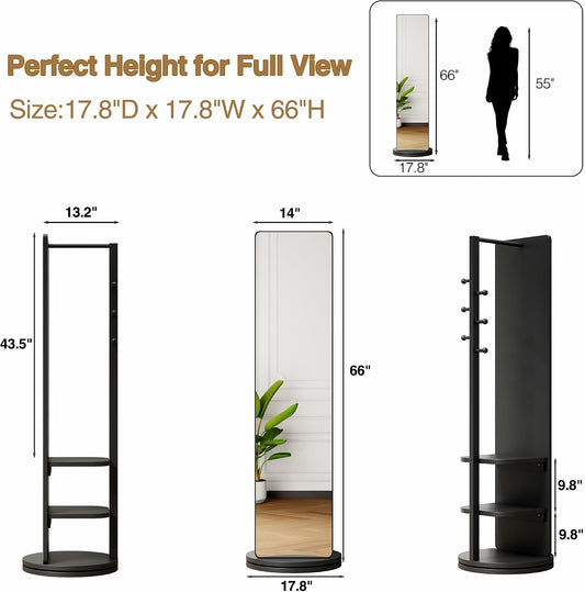Full Length Mirror with Coat Rack & Storage, 360° Rotating Solid Wood Standing Floor Mirror with Shelves for Bedroom, Entryway, Dressing Room (Natural Wood, 66" x 18")