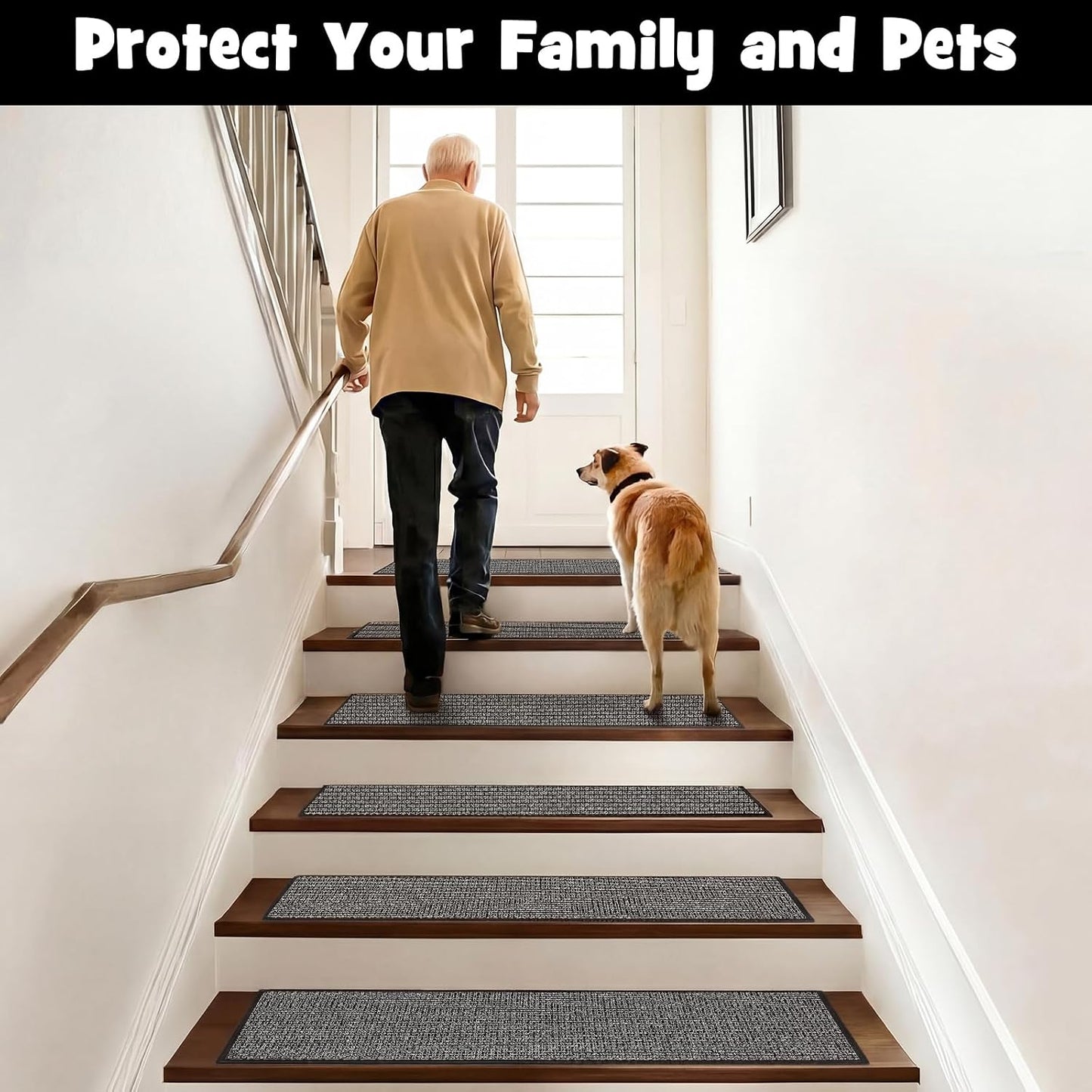 Dunzy 15 Pack Neutral Stair Treads for Wooden Step Self-adhesive Woven Stair Treads Indoor 8x30'' Non-slip Step Carpet Machine Washable Runner Safety Rug Mat for Carpet Elders Pets(Black Coffee Color)
