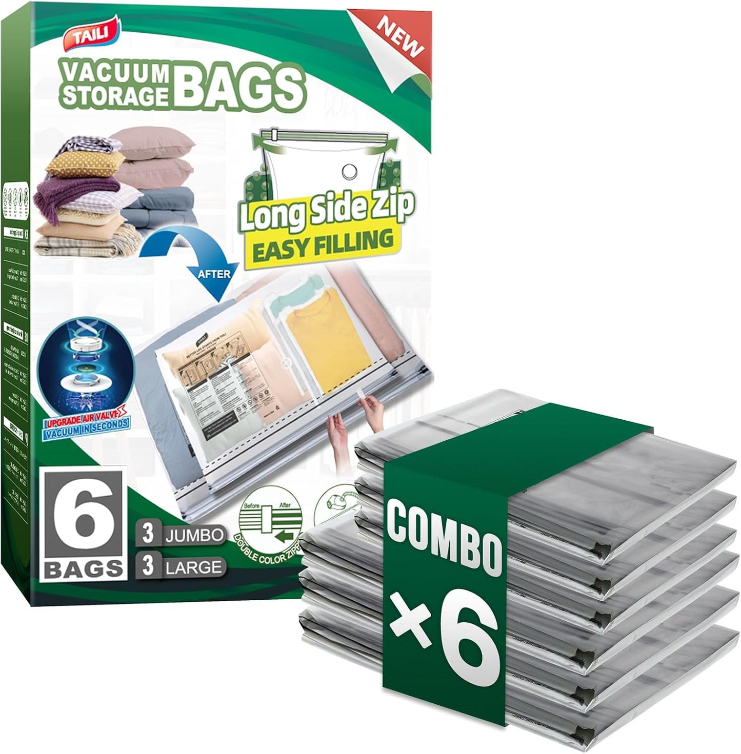 TAILI 8 Pack Jumbo Vacuum Storage Bags, 39x28 inch, LONG SIDE ZIP Vacuum Seal Bags for Clothing, Space Saver for Beddings, Comforters, Blankets, Pillows