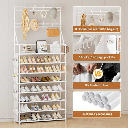 OYREL Shoe Rack, 5 Tier Shoes Storage Organizer, with Functional Hooks and Side Pocket, 20-25 Pairs, for Closet/Entrance/Entryway, Sneaker and Boot Stackable Free Standing Shoe Rack