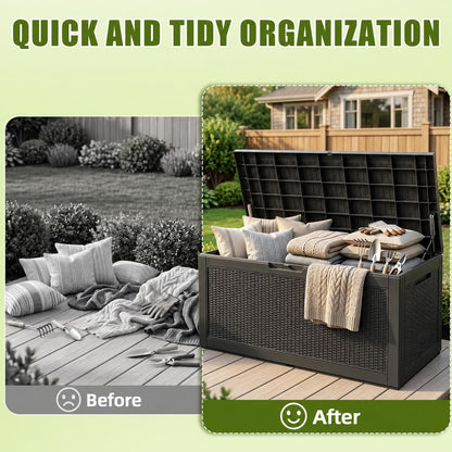 ROJIK 120 Gallon Waterproof Outdoor Deck Storage Box, Lockable Resin Patio Storage Bin with Lid for Garden Tools, Patio Cushions & Outdoor Accessories(Black)