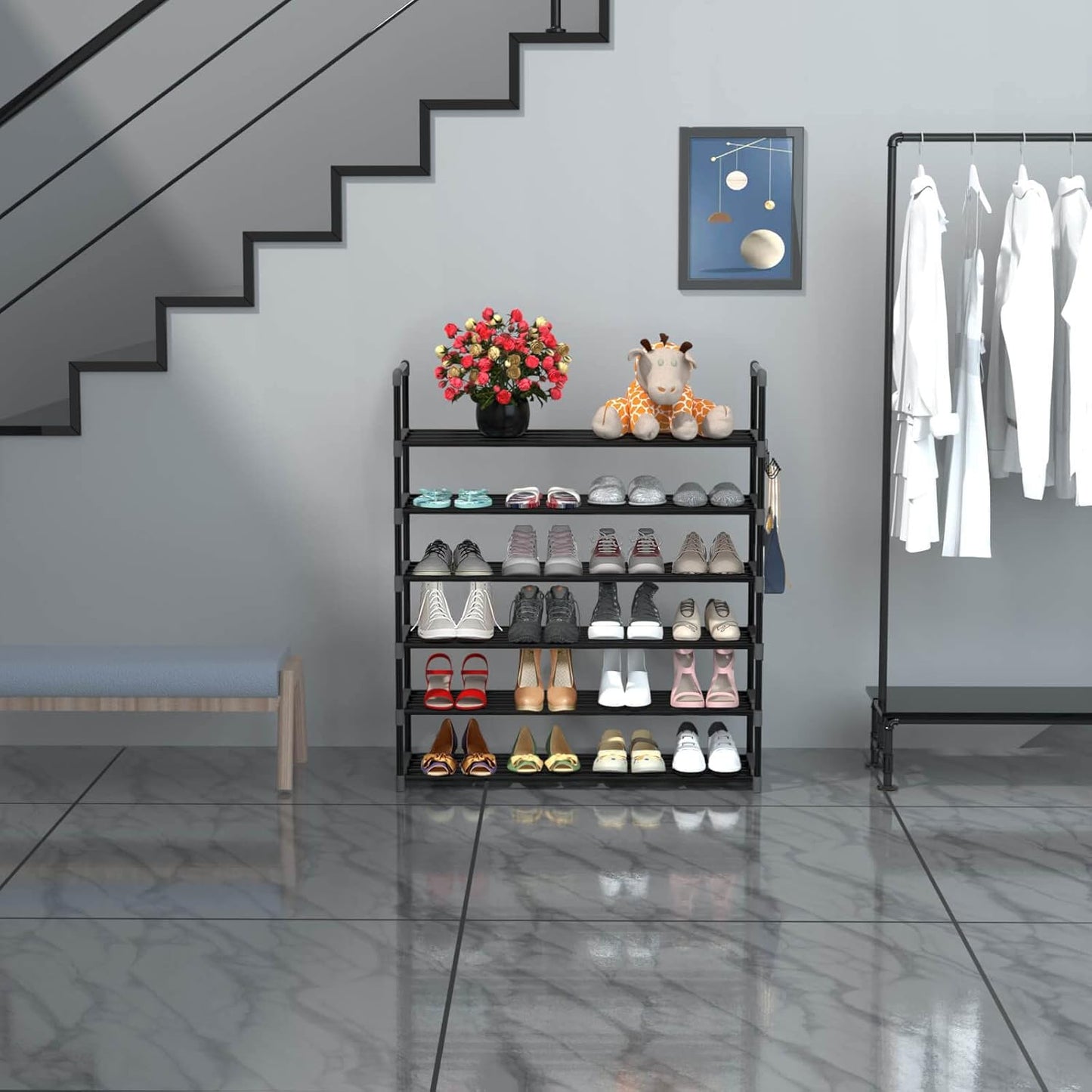 Hsscblet 5 Tiers Metal Shoe Rack,Adjustable Shoe Shelf Storage Organizer with Hooks,Stackable Boot & Shoe Storage,for Entryway,Hallway,Closet,Black