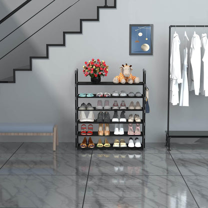 Hsscblet 5 Tiers Metal Shoe Rack,Adjustable Shoe Shelf Storage Organizer with Hooks,Stackable Boot & Shoe Storage,for Entryway,Hallway,Closet,Black