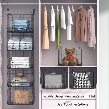X-cosrack 4 Tier Closet Hanging Organizer, Foldable Closet Shelving with 2 Hanging Hooks 5 S Hooks, Wire Storage Basket for Wardrobe Laundry Room, for Clothing Sweaters Shoes Handbags Patent-White