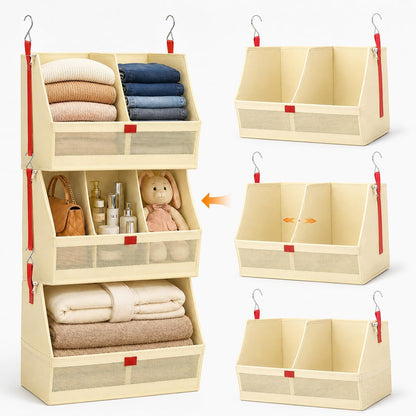 Fabric 4 Tier Hanging Closet Organizers Heavy Duty Shelf Hanging Storage Towel Clothes Sweater Jeans Bag Organizer For Closet For Bedroom,Dorm,RV,See Through Front Panel, Space-Saving (Beige-4Tier)