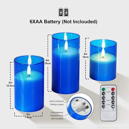 Amagic Clear Glass Flameless Candles Battery Operated with Timer, Remote Control, LED Pillar Candles, Battery Powered, Valentine's Day Decor, Pure White Wax, Set of 3