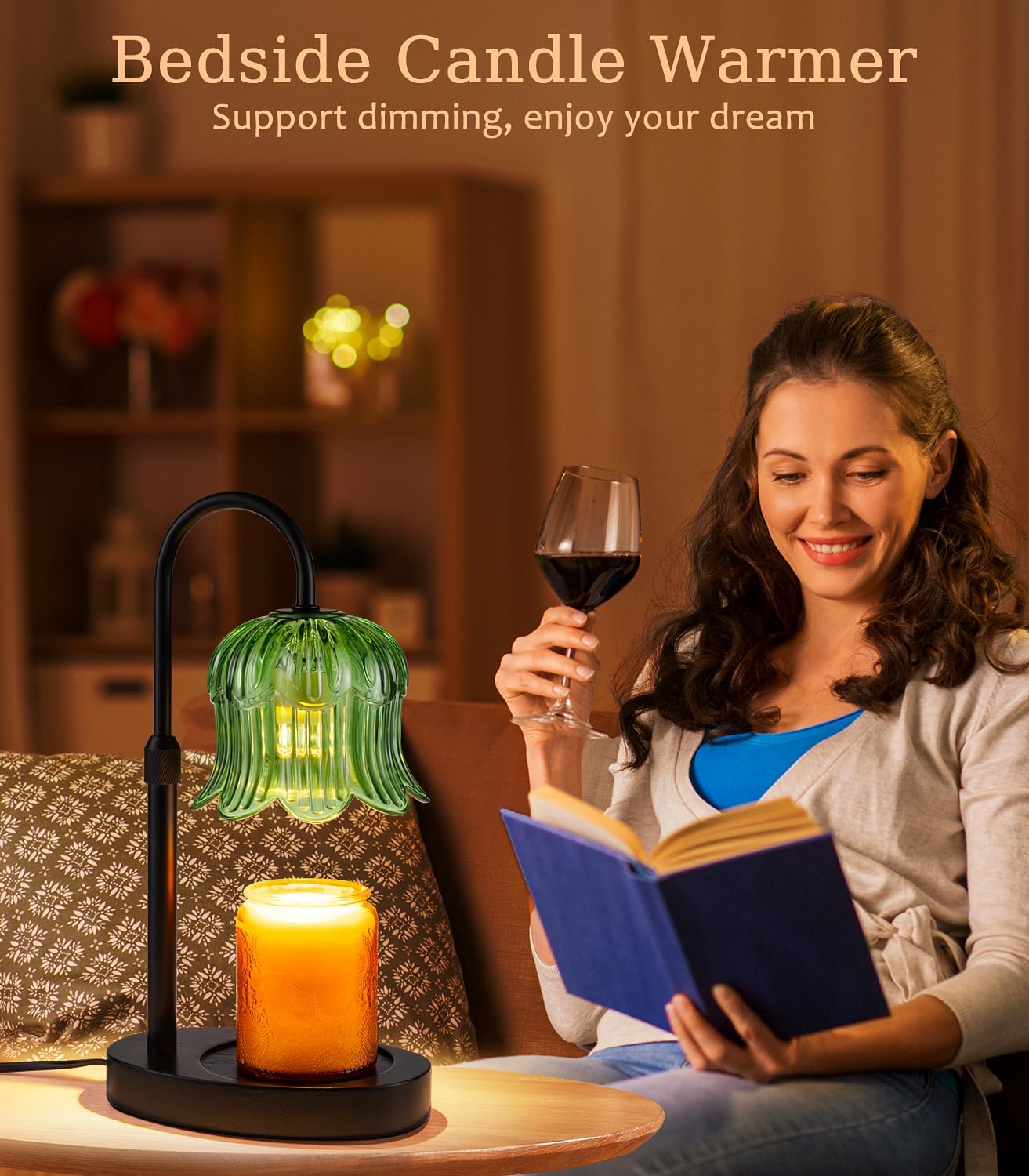 Candle Warmer Lamp with Timer - Electric Candles Wax Warmers Glass Lamps for Jar Candles Burner Adjustable Height and Dimmable Light Modern No Flame Scented Candle Warming Lantern, Amber