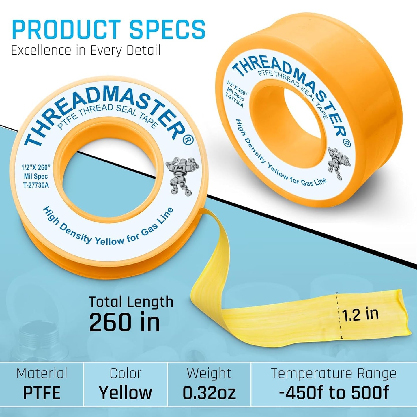 TAPEWELL Yellow Gas Pipe Thread Sealant Tape - 1/2" Width, Pack of 1 | 260" Length, Yellow Thread Seal Tape for Propane, Natural Gas, and More
