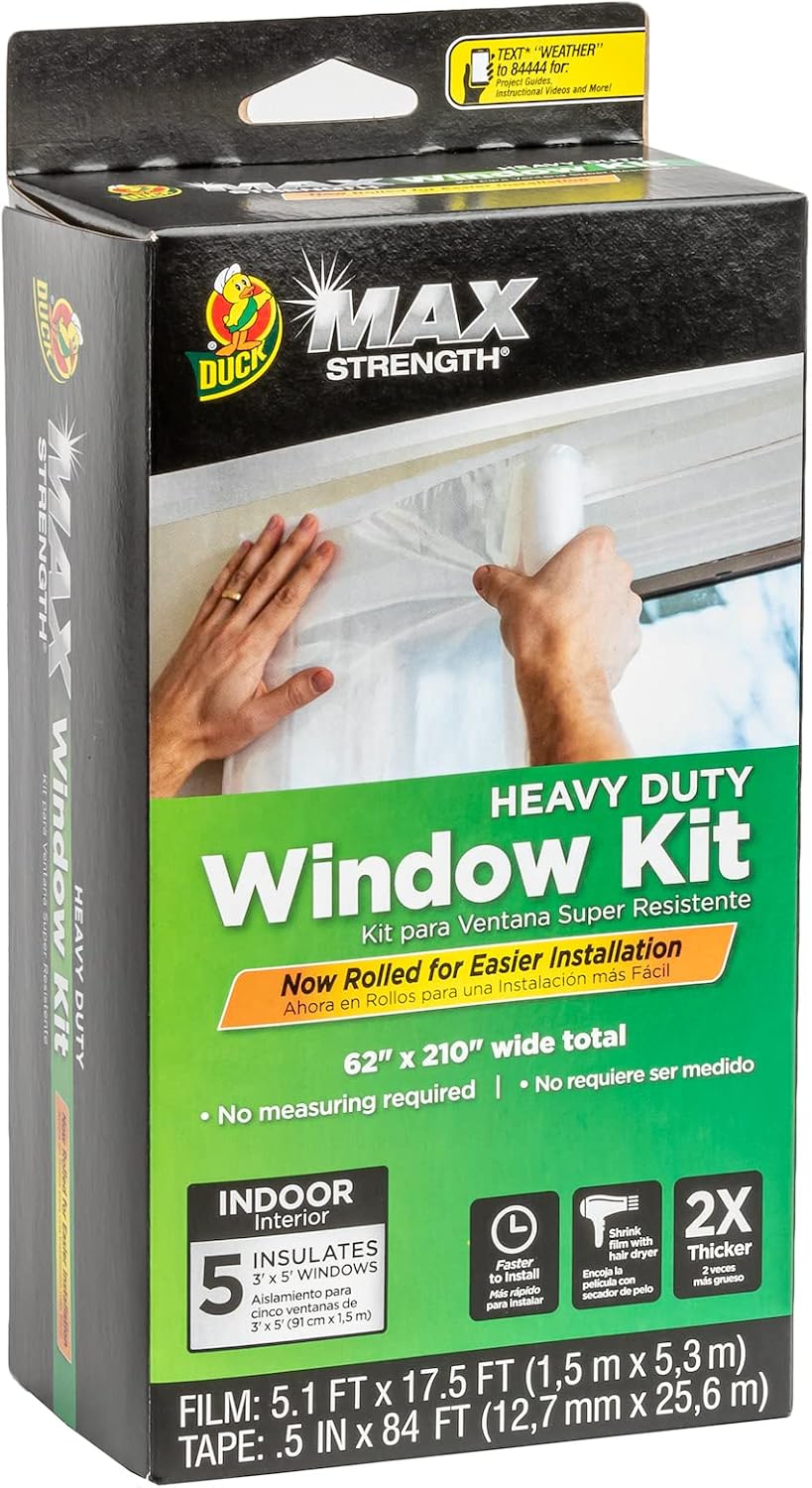 Duck MAX Strength Window Insulation Kit, Winter Window Seal Kit Fits up to 10 Windows, Heavy Duty Shrink Film Cuts to Size for Easy Indoor Installation, Window Tape Included,62 In. x 420 In., Clear