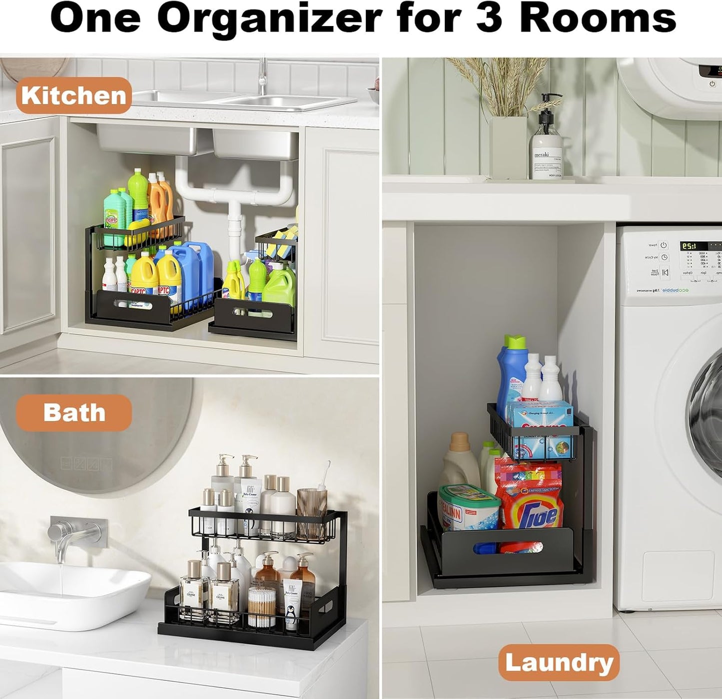 REALINN Under Sink Organizer, Pull Out Cabinet Organizer, 2 Tier Metal Slide Out Shelf with L Shaped Design for Kitchen, Bathroom, Laundry, and Utility Cabinet Storage for Deep Cabinets, White, 2 Pack