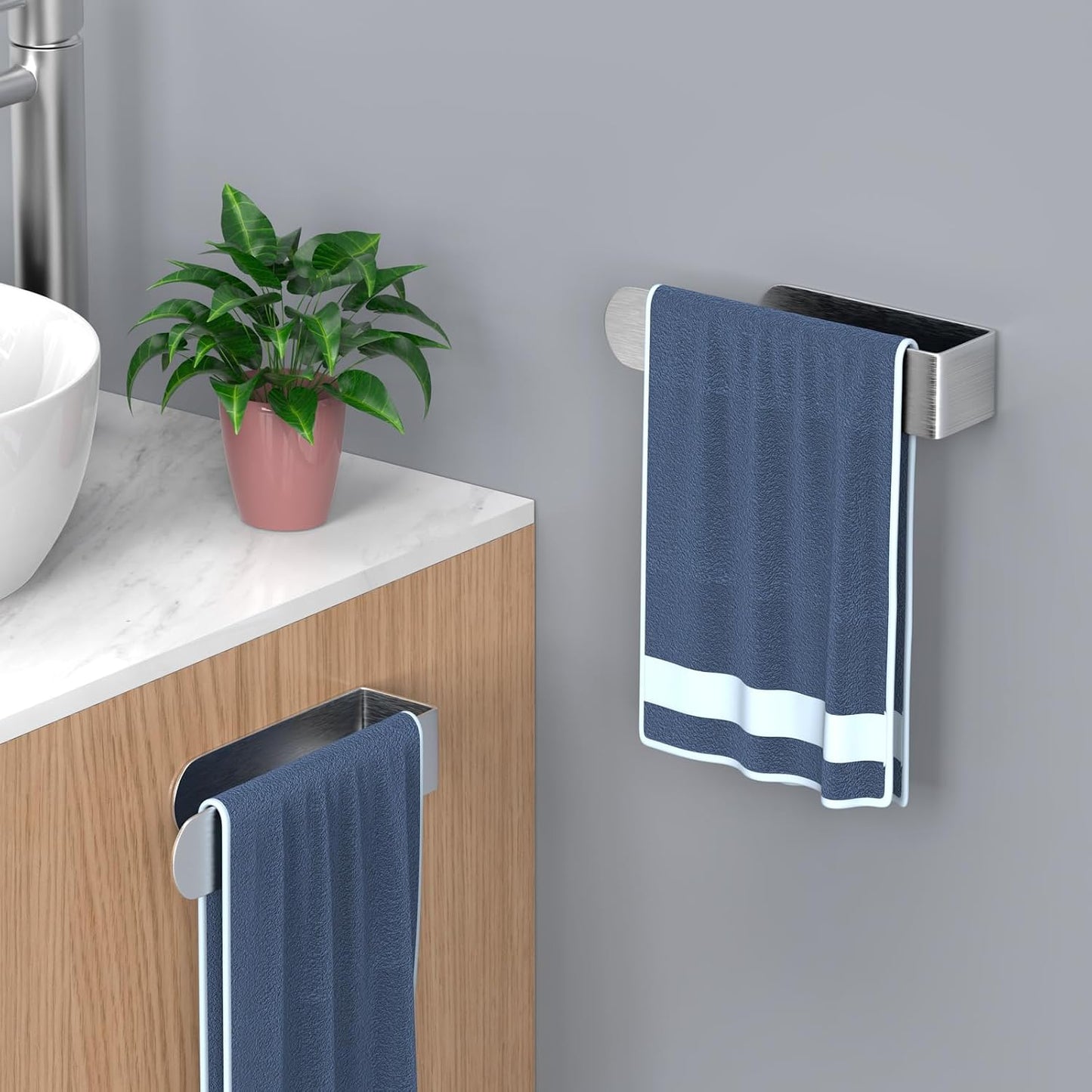 HUFEEOH 2 Pack Adhesive Hand Towel Holder, Kitchen Towel Rack Towel Bars Wall Mounted, Stainless Steel Bath Towel Hanger for Bathroom Hotel Kitchen (White, 8 Inch(2PC))